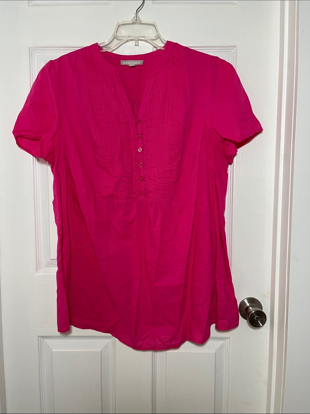 Woman Within 100% Cotton Magenta Pintuck 1/2 Button-Front Blouse